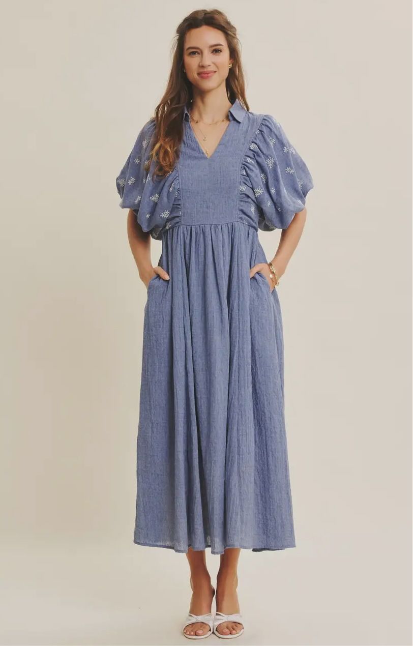 Midi Dress with Bubble Sleeves